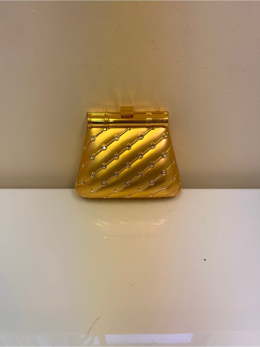Gold Quilted Evening Clutch with Crystal Accents
